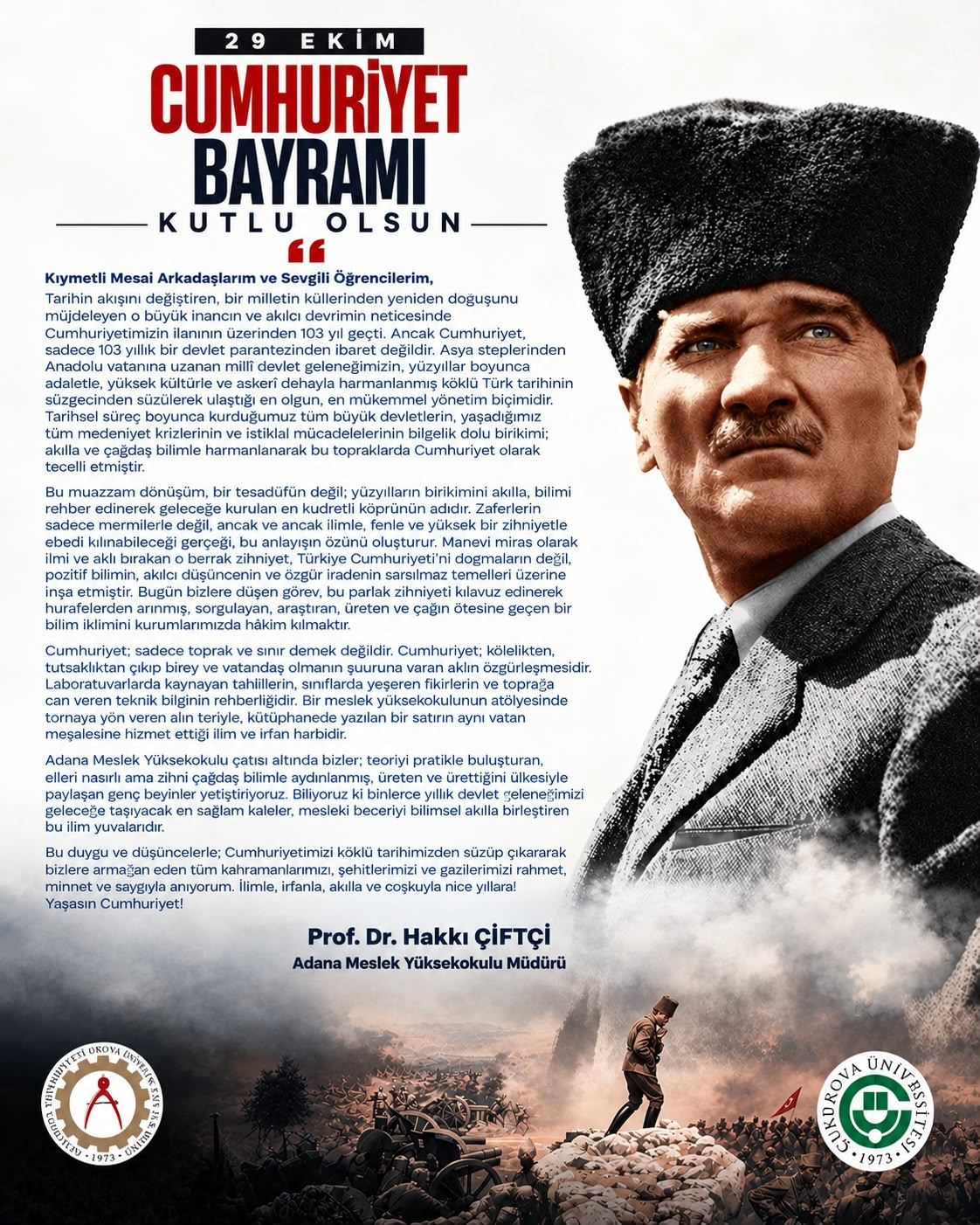 Cumhuriyetimizin 103. Yılına Dair Adana Meslek Yüksekokulu Müdürümüzün Mesajı